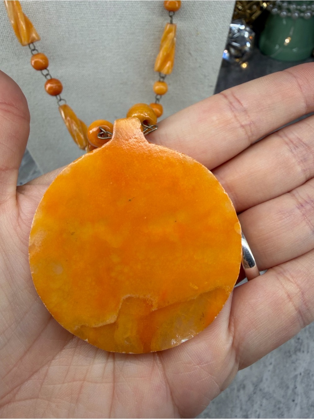 Carved Mexican Yellow Onyx Stone Necklace Pendant Necklace Orange Jewelry - Picture 3 of 5
